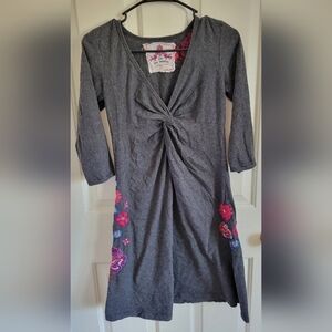 Johnny Was Women's Gray Floral Embroidered Twist Front Cotton Dress Size Small